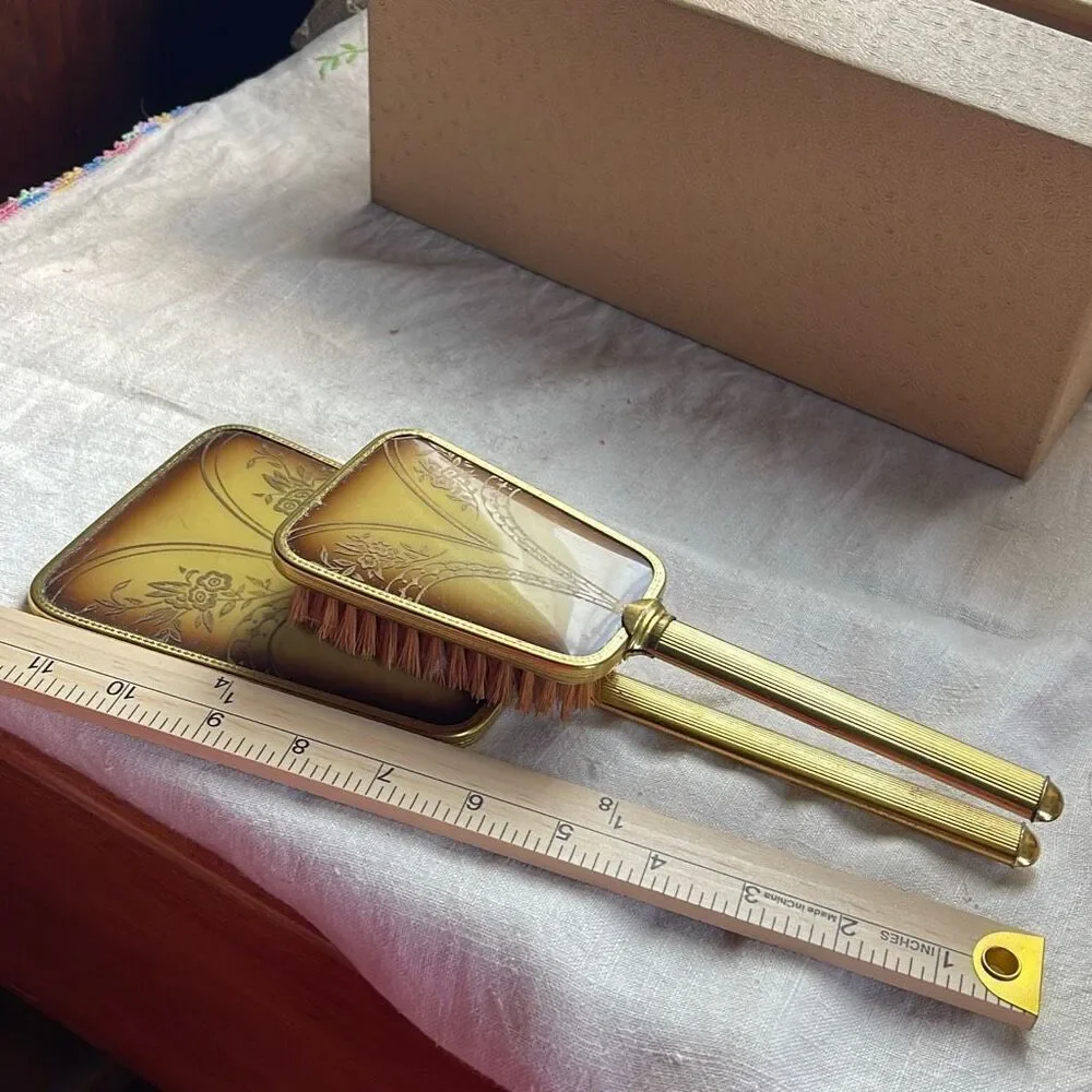 VTG Midcentury vanity set Art Nouveau styles brush & mirror in box.